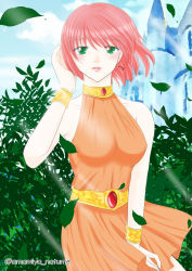 Rule 34 | 1girl, :d, artist request, bare shoulders, blush, breasts, castle, clothes lift, cloud, cowboy shot, day, dress, dress lift, earrings, eyes visible through hair, final fantasy, final fantasy v, floating hair, green eyes, hand in own hair, highres, jewelry, large breasts, leaf, lenna charlotte tycoon, lips, lipstick, looking at viewer, makeup, neck, neck ring, necklace, open mouth, orange dress, outdoors, pink hair, pink lips, plant, short hair, sky, sleeveless, sleeveless dress, smile, solo, twitter username, wind, wind lift