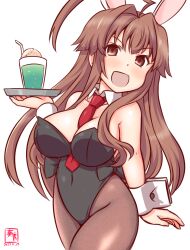 Rule 34 | 1girl, ahoge, alternate breast size, alternate costume, animal ears, artist logo, between breasts, black leotard, blush, breasts, brown eyes, brown hair, brown pantyhose, covered navel, cowboy shot, cream soda, dated, detached collar, drinking straw, fake animal ears, food, glass, highleg, highleg leotard, holding, holding tray, huge ahoge, ice cream, ice cream float, kanon (kurogane knights), kantai collection, kuma (kancolle), large breasts, leotard, long hair, looking at viewer, necktie, necktie between breasts, one-hour drawing challenge, open mouth, pantyhose, playboy bunny, rabbit ears, rabbit tail, red necktie, simple background, smile, solo, strapless, strapless leotard, tail, tray, white background, wrist cuffs