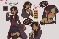Rule 34 | 1girl, bare shoulders, black choker, black hair, black hole, black hole-sensei, black thighhighs, blue skirt, book, bow, bowtie, bsapricot, burger, choker, closed eyes, dark skin, ear piercing, earrings, eating, english text, finger to mouth, food, frilled choker, frilled sleeves, frilled thighhighs, frills, garter straps, goth fashion, grey background, hairband, halterneck, hand up, headband, highres, holding, holding food, jewelry, lolita hairband, long sleeves, looking at viewer, low twintails, mole, mole under eye, multiple views, open mouth, original, pencil skirt, piercing, red bow, sidelocks, simple background, skirt, speech bubble, thighhighs, twintails