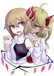 Rule 34 | 2girls, ahoge, black camisole, blonde hair, camisole, collarbone, cropped torso, flandre scarlet, hair ribbon, highres, holding another&#039;s wrist, interlocked fingers, long sleeves, manekinekoppoi inu, multiple girls, one side up, open clothes, open mouth, open shirt, pointy ears, red eyes, red ribbon, ribbon, rumia, shirt, spaghetti strap, touhou, white shirt, wings, yuri