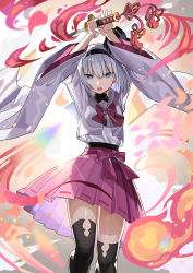 Rule 34 | 1girl, alternate costume, black hairband, black thighhighs, blue eyes, bow, bowtie, bright pupils, falken (yutozin), feet out of frame, fire, hairband, highres, holding, holding sword, holding weapon, konpaku youmu, long sleeves, looking at viewer, open mouth, pink skirt, rainbow gradient, red bow, red bowtie, ribbon-trimmed skirt, ribbon trim, shirt, short hair, silver hair, skirt, solo, standing, sword, thighhighs, touhou, weapon, white pupils, white shirt, wide sleeves