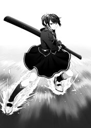 Rule 34 | 1girl, absurdres, commentary request, female admiral (kancolle), full body, furrowed brow, gloves, greyscale, highres, huge weapon, kana haruki, kantai collection, medium skirt, monochrome, nakama saori, ponytail, sheath, sheathed, skirt, solo, speed lines, sword, water, weapon