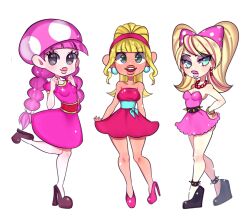 3girls blonde_hair blue_eyes bow breasts cleavage dixie_kong dress earrings humanization jewelry long_hair looking_at_viewer mario_(series) multiple_girls nintendo open_mouth personification raven_(04070714) simple_background smile toadette wendy_o._koopa