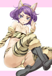Rule 34 | 1girl, animal ears, animal print, bandeau, bare shoulders, black footwear, boots, breasts, cat ears, eyebrows, fur boots, hairband, knee boots, kototora, looking at viewer, open mouth, original, purple eyes, ribs, short hair, simple background, small breasts, solo, strapless, thighhighs, tiger print, tsurime, tube top, yohane