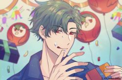 Rule 34 | 1boy, 3di project, absurdres, amel3di, balloon, box, collared shirt, fingernails, food, food on face, gift, gift box, gradient background, green hair, highres, jortun leventor, male focus, red eyes, shirt, short hair, solo, tongue, tongue out, virtual youtuber