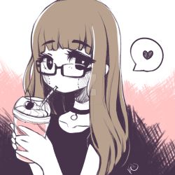 Rule 34 | 1girl, angelica (k3lly), arms up, artist name, black choker, black eyes, black shirt, blush, brown hair, cherry, choker, drinking, drinking straw, flat color, food, fruit, heart, highres, holding, jewelry, long hair, looking at viewer, original, pendant, shirt, smoothie, solo, spoken heart, stitched blush, upper body, watermark, web address, whipped cream