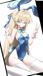 Rule 34 | 1girl, absurdres, animal ears, bare shoulders, blonde hair, blue archive, blue eyes, blue leotard, bow, bowtie, breasts, cleavage, covered navel, detached collar, double v, fake animal ears, halo, headset, highleg, highres, leotard, long hair, looking at viewer, medium breasts, playboy bunny, rabbit ears, rabbit tail, silday, simple background, sitting, smile, solo, strapless, strapless leotard, tail, thighhighs, thighs, toki (blue archive), toki (bunny) (blue archive), v, wariza, white background, white thighhighs, wrist cuffs