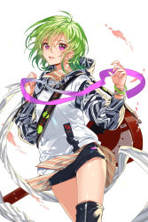 Rule 34 | 1girl, ahoge, black footwear, black shorts, blush, boots, cowboy shot, drawstring, earrings, electric guitar, empew, green hair, guitar, hair between eyes, hands up, hood, hood down, hoodie, instrument, jewelry, long sleeves, looking at viewer, neck ribbon, open mouth, purple eyes, purple ribbon, ribbon, shirt, short hair, short shorts, shorts, sidelocks, simple background, soccer spirits, solo, standing, strap, striped clothes, striped shirt, teeth, thigh boots, thighhighs, thighs, white background, white ribbon, white shirt, wristband, yuki (soccer spirits), zipper, zipper pull tab