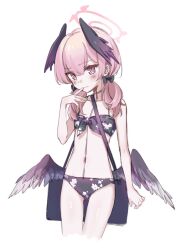 Rule 34 | 1girl, bag, bikini, black bikini, blue archive, blush, closed mouth, cropped legs, flat chest, floral print, halo, hand up, head wings, highres, koharu (blue archive), koharu (swimsuit) (blue archive), long hair, looking at viewer, low twintails, low wings, navel, pink eyes, pink hair, ringed eyes, shoulder bag, solo, swimsuit, tosankaku, twintails, wings