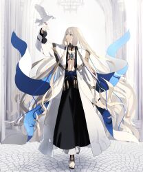 Rule 34 | 1boy, absurdres, aqua eyes, arch, bird, bird on hand, black collar, black footwear, black robe, blonde hair, blue cape, blue gemstone, blunt bangs, cape, chandelier, closed mouth, coat, collar, dove, fate/grand order, fate/grand order arcade, fate (series), full body, gem, gold trim, hair ribbon, hand up, highres, lens flare, long hair, long sleeves, looking at animal, looking to the side, male focus, navel, ninjin (ne f g o), noah (fate), open clothes, open coat, open robe, pillar, ribbon, robe, sandals, sett, smile, solo, standing, tassel, toeless footwear, tress ribbon, very long hair, wavy hair, white coat
