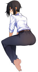 Rule 34 | 1girl, absurdres, androgynous, arm support, ass, barefoot, belt, black eyes, black hair, black pants, brown belt, chabashira (tyabasirak55), collared shirt, commentary, dress shirt, expressionless, from behind, from side, full body, hair between eyes, highres, kino (kino no tabi), kino no tabi, leaning forward, long sleeves, looking at viewer, looking back, pants, shirt, short hair, simple background, sitting, sleeves rolled up, soles, solo, toe scrunch, toes, white background, white shirt