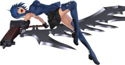 armpits black_skirt blue_dress blue_eyes blue_hair boots breasts ciel_(tsukihime) dress flying gloves holding holding_weapon looking_down medium_breasts melty_blood no_bra powered_ciel screaming seventh_holy_scripture short_hair skirt takeuchi_takashi thighs tomboy tsukihime tsukihime_(remake) type-moon weapon white_background