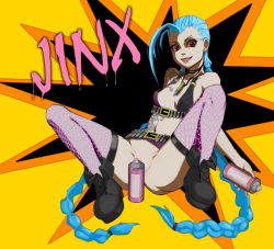 Rule 34 | 1girl, ahoge, belt, bikini, bikini top only, birren, blue hair, boots, braid, breasts, bullet, censored, convenient censoring, fishnet thighhighs, fishnets, grin, hairline, huge ahoge, jewelry, jinx (league of legends), league of legends, lipstick, long hair, makeup, multiple belts, navel, necklace, nipple slip, nipples, no panties, red eyes, small breasts, smile, spray can, spread legs, swimsuit, tattoo, thighhighs, twin braids, very long hair
