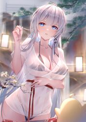 Rule 34 | 1girl, arm under breasts, azur lane, bikini, bikini under clothes, bird, black bikini, blue eyes, blush, breasts, chick, cleavage, collarbone, commentary request, covered erect nipples, cowboy shot, earrings, hand up, highres, holding, holding hair, jewelry, lantern, large breasts, long hair, looking at viewer, mainz (azur lane), mainz (the silkiest brew) (azur lane), manjuu (azur lane), navel, o-ring, o-ring bikini, official alternate costume, onsen, paper lantern, parted lips, red sash, sash, see-through, see-through shirt, sidelocks, signature, single earring, sking, standing, stomach, swimsuit, swimsuit under clothes, tree, very long hair, white hair