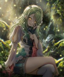 Rule 34 | 1girl, absurdres, antlers, blush, braid, branch, breasts, ceres fauna, ceres fauna (1st costume), flower, forest, frills, green hair, hair flower, hair ornament, highres, hololive, hololive english, horns, leaf, looking at viewer, medium breasts, moss, nature, plant, rock, skirt, smile, solo, sunlight, suoniko, virtual youtuber, wavy hair, yandere, yellow eyes