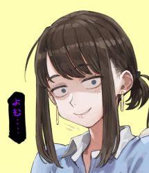 Rule 34 | 1girl, anger vein, angry, blue eyes, blue shirt, borrowed character, brown hair, clenched teeth, commentary request, constricted pupils, douki-chan (douki-chan), earrings, eyebrows, eyelashes, ganbare douki-chan, highres, jewelry, jun (navigavi), ponytail, shaded face, shirt, short ponytail, sidelocks, teeth, traditional media, translation request, upper body, yellow background