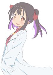 Rule 34 | 1girl, :d, black hair, bolo tie, coat, commentary, from side, hair ornament, hair ribbon, hairclip, hand in pocket, highres, lab coat, long hair, long sleeves, looking at viewer, looking to the side, multicolored hair, onii-chan wa oshimai!, open clothes, open coat, open mouth, oyama mihari, purple hair, red ribbon, red shirt, ribbon, shirt, simple background, smile, solo, twintails, two-tone hair, unkimo, white background, wing collar