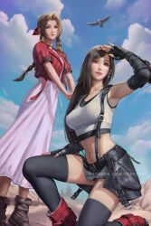 Rule 34 | 2girls, aerith gainsborough, armpits, bird, black bra, black choker, black gloves, black hair, black skirt, black thighhighs, boots, bra, braid, braided ponytail, breasts, brown footwear, choker, closed mouth, cloud, cloudy sky, crop top, cropped jacket, dangle earrings, dress, earrings, elbow gloves, elbow pads, final fantasy, final fantasy vii, final fantasy vii rebirth, final fantasy vii remake, fingerless gloves, foot out of frame, gloves, green eyes, hair ribbon, highres, jacket, jewelry, long dress, long hair, looking at viewer, low-tied long hair, medium breasts, midriff, miniskirt, multiple girls, navel, nibelart, on one knee, outdoors, own hands together, parted bangs, parted lips, patreon username, pink dress, pink ribbon, red eyes, red footwear, red jacket, ribbon, shading eyes, shirt, short sleeves, sidelocks, single braid, single elbow pad, skirt, sky, sleeveless, smile, sports bra, standing, suspenders, swept bangs, thighhighs, tifa lockhart, underwear, v arms, white shirt, zettai ryouiki