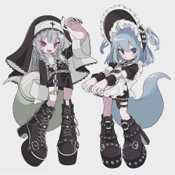 2girls apron black_choker black_dress black_nails bonnet boots choker dress goth_fashion high_heel_boots high_heels highres maid maid_apron multiple_girls nun original punk teira_(ooxoo)