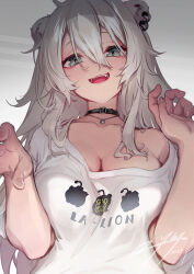 1girl animal_ears black_choker breasts choker cleavage clothes_writing collarbone grey_eyes grey_hair hair_between_eyes highres hololive jewelry lion_ears lion_girl long_hair necklace nilitsu open_mouth shirt shishiro_botan shishiro_botan_(casual) signature solo upper_body virtual_youtuber white_shirt