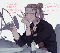 Rule 34 | 1boy, bandage on face, bandages, bead bracelet, beads, bespectacled, blonde hair, boku no hero academia, bottle, bracelet, casual, collared shirt, dress shirt, facial hair, floral print, glasses, green eyes, head on hand, head rest, headphones, holding, holding microphone, jewelry, leaning forward, leaning on table, long hair, male focus, microphone, mixed-language text, mustache, partially unbuttoned, present mic, radio booth, semi-rimless eyewear, shirt, simple background, sleeves rolled up, solo, speech bubble, talking, translation request, ura musi, v, water bottle