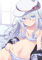 Rule 34 | 1girl, blue eyes, bra, breasts, flat cap, hammer and sickle, hat, hibiki (kancolle), kantai collection, long hair, navel, panties, sanninme no haru, silver hair, small breasts, smile, solo, star (symbol), striped bra, striped clothes, striped panties, underwear, verniy (kancolle), white hat