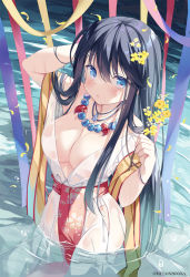Rule 34 | 1girl, bead necklace, beads, black hair, blue eyes, blush, breasts, cleavage, commentary request, flower, hair between eyes, hair flower, hair ornament, hair over shoulder, holding, holding flower, hoshino koucha, japanese clothes, jewelry, kimono, long hair, looking at viewer, medium breasts, miko, necklace, original, partially submerged, see-through, solo, water, wet kimono, white kimono