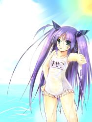 Rule 34 | 1girl, boshinote, day, little busters!, name tag, one-piece swimsuit, outdoors, purple hair, sasasegawa sasami, school swimsuit, sky, solo, swimsuit, white school swimsuit, white one-piece swimsuit