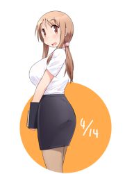 Rule 34 | 1girl, :d, birthday, black skirt, blush, breasts, brown eyes, brown hair, circle, clipboard, commentary request, cropped legs, dated, from side, hair ornament, hair scrunchie, happy, holding, holding clipboard, katatsuka kouji, large breasts, long hair, looking at viewer, matsumoto yoriko, open mouth, pantyhose, pink scrunchie, ponytail, scrunchie, shirt, shirt tucked in, short sleeves, skirt, smile, solo, standing, teacher, white background, white shirt, yuyushiki