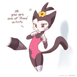 Rule 34 | 1girl, :&lt;, ancesra, animal ears, animal nose, animaniacs, artist name, black eyes, black fur, black hair, blush, body fur, cat ears, cat girl, cat tail, cowboy shot, cropped legs, dot warner, english text, erased, female focus, flat chest, flower, furry, furry female, gloves, hair flower, hair ornament, half-closed eyes, hands up, legs together, looking down, notice lines, one-piece swimsuit, open mouth, patreon username, pink one-piece swimsuit, pointing, pointing at viewer, revealing layer, short hair, simple background, sketch, solo, standing, strap pull, stylus, swimsuit, tail, talking, thighhighs, topknot, watermark, web address, white background, white fur, white gloves, white thighhighs, yellow flower
