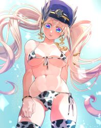 Rule 34 | 1girl, absurdly long hair, absurdres, animal print, bad id, bad pixiv id, bikini, blonde hair, blue background, blue eyes, breasts, chaos gerda (gakuen) (grimms notes), cow print, cow print bikini, grimms notes, hat, highres, long hair, looking down, medium breasts, multicolored eyes, navel, open mouth, print bikini, solo, swimsuit, twintails, very long hair, wristband, ydc (ydc2501)