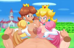 Rule 34 | 1boy, 2girls, absurdres, artist name, ass, ass grab, bisexual female, blonde hair, blue eyes, blurry, blurry background, breast press, breasts, breasts out, brooch, brown dress, brown hair, castle, clothed female nude male, clothes lift, cooperative paizuri, crown, dark nipples, disembodied hand, dress, dress lift, earrings, elbow gloves, erection, expressionless, eyelashes, ffm threesome, flipped hair, flower, flower earrings, from side, gloves, grabbing own breast, grass, group sex, highres, huge penis, jewelry, jona kazuo, large breasts, lip biting, lips, long hair, looking at penis, mario (series), medium hair, multiple girls, navel, new super mario bros., nintendo, nipples, nude, outdoors, paizuri, panties, parted lips, penis, penis awe, pink dress, pink lips, pov, princess, princess daisy, princess peach, princess peach&#039;s castle, puffy short sleeves, puffy sleeves, ring, shiny skin, short sleeves, signature, smile, super mario bros. 1, super mario land, symmetrical docking, thick lips, thighs, threesome, underwear, white gloves, white panties, yellow dress