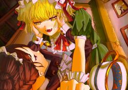 Rule 34 | 2girls, all fours, arms up, blonde hair, book, bookshelf, braid, brown dress, brown hair, buttoned cuffs, buttons, commentary request, crack, cracked wall, cup, desk, desk lamp, dress, eye contact, fangs, frilled hat, frilled wrist cuffs, frills, green dress, hands on another&#039;s cheeks, hands on another&#039;s face, hat, hat ribbon, indoors, kagenoyuhi, lamp, long sleeves, looking at another, lying, maid, maid headdress, mob cap, multiple girls, nail polish, neck ribbon, on back, on floor, open mouth, original, painting (object), perspective, picture frame, puffy short sleeves, puffy sleeves, red nails, red ribbon, ribbon, short sleeves, sleeve cuffs, smile, straddling, teacup, white headwear, wrist cuffs, yellow eyes, yuri