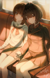 Rule 34 | 2girls, artist name, black headwear, black jacket, black neckerchief, blouse, brown eyes, brown hair, closed mouth, commentary, dated, dress shirt, garrison cap, girls und panzer, haires, hat, highres, jacket, kuromorimine military uniform, long sleeves, looking at viewer, military, military hat, military uniform, miniskirt, multiple girls, neckerchief, nishizumi maho, nishizumi miho, ooarai school uniform, pleated skirt, red shirt, red skirt, red theme, reflection, romaji commentary, sailor collar, school uniform, shirt, short hair, siblings, side-by-side, signature, sisters, sitting, skirt, smile, sunlight, train interior, uniform, white sailor collar, white shirt, window, wing collar