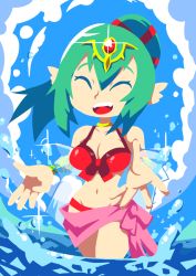 Rule 34 | 1girl, bikini, blue sky, breasts, cleavage, closed eyes, cloud, fire emblem, green hair, intelligent systems, nintendo, open mouth, pointy ears, ponytail, reaching, reaching towards viewer, red bikini, setz, sky, smile, sparkle, swimsuit, tiki (adult) (fire emblem), tiki (adult) (summer) (fire emblem), tiki (fire emblem), water, water drop