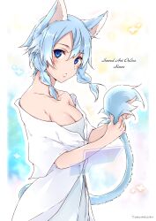 Rule 34 | 1girl, animal ears, bare shoulders, blue eyes, blue hair, blush, braid, breasts, cat ears, cat girl, cat tail, character name, cleavage, collarbone, commentary request, copyright name, dress, english text, hair between eyes, highres, holding own tail, looking at viewer, looking to the side, medium breasts, off-shoulder dress, off shoulder, outline, parted lips, shi-2, short hair, sinon (sao-alo), solo, sword art online, tail, twin braids, twitter username, upper body, white background, white dress, white outline