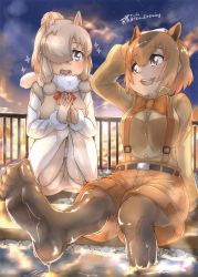 Rule 34 | 2girls, :d, absurdres, alpaca ears, alpaca suri (kemono friends), animal ears, arm up, artist logo, belt, blue eyes, bodystocking, bow, bowtie, breast pocket, brown eyes, brown hair, buttons, capybara (kemono friends), capybara ears, cloud, collared shirt, commentary request, extra ears, foot focus, fur-trimmed sleeves, fur scarf, fur trim, hair bun, hair over one eye, hands up, highres, horizontal pupils, kemono friends, knees together feet apart, pantyhose under shorts, light brown hair, long sleeves, medium hair, multicolored hair, multiple girls, open mouth, outdoors, outstretched leg, pantyhose, pocket, railing, scarf, shirt, shorts, sidelocks, single hair bun, sitting, sky, smile, soles, sparkle, squatting, star (sky), starry sky, suspender shorts, suspenders, thin (suzuneya), toes, towel, towel on head, twilight, twitter username, two-tone hair, water, wet, wet clothes