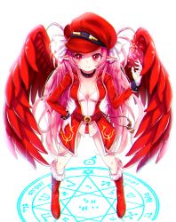 Rule 34 | 1girl, bad id, bad pixiv id, belt, blush, boots, bow, breasts, choker, cleavage, elf, fang, feathered wings, full body, fur-trimmed boots, fur trim, gloves, hair bow, hand on own hip, hat, highres, knee boots, legs apart, long hair, long sleeves, medium breasts, original, pink hair, pointy ears, red eyes, red footwear, red wings, runes, smile, solo, spread legs, ssumbi, standing, twintails, uniform, very long hair, white bow, white gloves, wings