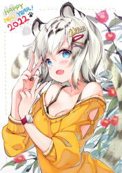 Rule 34 | 1girl, 2022, animal ears, bare shoulders, black hair, black nails, blue eyes, blush, breasts, chinese zodiac, cleavage, collarbone, commentary request, fang, flower, grey hair, hair between eyes, hair ornament, hairclip, hands up, happy new year, highres, juna, medium breasts, multicolored hair, multicolored nails, nail polish, new year, off-shoulder sweater, off shoulder, open mouth, orange sweater, original, red flower, solo, streaked hair, sweater, tail, tiger ears, tiger girl, tiger tail, upper body, white background, x hair ornament, year of the tiger