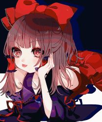 Rule 34 | 1girl, bare shoulders, blunt bangs, blush, bow, brown hair, collarbone, eyes visible through hair, frilled bow, frills, hair bow, hakurei reimu, head rest, highres, komachi (pixiv), long hair, red bow, red eyes, solo, tongue, tongue out, touhou