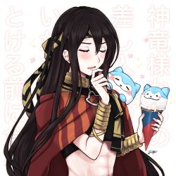 Rule 34 | 1boy, :3, abs, animal, animal on shoulder, black hair, closed eyes, fire emblem, fire emblem engage, food, hair between eyes, hairband, hand on own chin, highres, holding, holding food, holding ice cream, ice cream, ice cream cone, long hair, misato hao, nintendo, on shoulder, open mouth, seadall (fire emblem), solo, sommie (fire emblem), upper body
