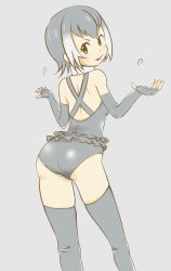 Rule 34 | 10s, 1girl, 3gokusi, bare shoulders, fingerless gloves, fur collar, gloves, kemono friends, looking back, multicolored hair, no animal ears, no tail, one-piece swimsuit, short hair, small-clawed otter (kemono friends), solo, swimsuit, thighhighs, v-shaped eyebrows