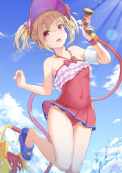 Rule 34 | 1girl, blonde hair, blue footwear, blue sky, day, dress swimsuit, fate/grand order, fate (series), flat chest, hair between eyes, highres, holding, holding hose, hose, hose nozzle, illyasviel von einzbern, illyasviel von einzbern (swimsuit archer), illyasviel von einzbern (swimsuit archer) (second ascension), inflatable armbands, one-piece swimsuit, outdoors, red eyes, red one-piece swimsuit, shiunnkaku, sky, solo, standing, standing on one leg, swimsuit, twintails, visor cap