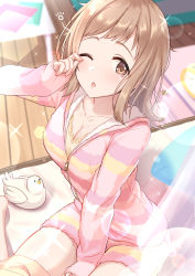Rule 34 | 1girl, absurdres, between legs, bird, blush, breasts, brown eyes, brown hair, cleavage, collarbone, diffraction spikes, from above, hand between legs, hand up, highres, idolmaster, idolmaster shiny colors, indoors, jacket, lace, lens flare, looking at viewer, loungewear, medium breasts, medium hair, multicolored clothes, one eye closed, open mouth, pink sweater, sakuragi mano, seiza, shirt, sitting, sleepy, sleeves past wrists, solo, sparkle, sweater, table, tamakaga, tears, yellow shirt, zipper