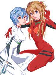 Rule 34 | 2girls, artist request, ayanami rei, blue eyes, blue hair, bodysuit, brown hair, hand on another&#039;s back, highres, interface headset, kneeling, long hair, looking at viewer, multiple girls, neon genesis evangelion, open mouth, red bodysuit, red eyes, short hair, simple background, souryuu asuka langley, tokyo-3 middle school uniform, white background, white bodysuit