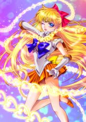 Rule 34 | 1girl, abstract background, aino minako, bad id, bad pixiv id, bishoujo senshi sailor moon, blonde hair, blue bow, blue eyes, bow, chain, choker, earrings, elbow gloves, glint, gloves, hair bow, half updo, heart, high heels, highres, jewelry, long hair, looking at viewer, magical girl, one eye closed, open mouth, orange footwear, orange skirt, red bow, sailor venus, shoes, skirt, solo, sparkle, standing, standing on one leg, tiara, tsukasaki haruko, tsukasaki ryouko, white gloves, yellow bow