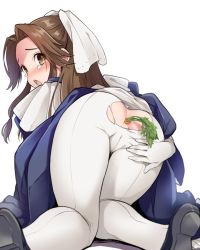 Rule 34 | 10s, 1girl, anal, anal object insertion, ass, black footwear, blush, carrot, crying, food, food insertion, from behind, hair ornament, half updo, jintsuu (kancolle), kantai collection, looking back, object insertion, open mouth, pantyhose, plum (arch), shoes, simple background, solo, tears, teeth, thighs, torn clothes, torn pantyhose, white background, white pantyhose