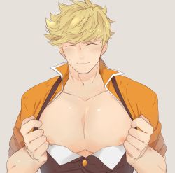 Rule 34 | 1boy, bara, blonde hair, blush, buttons, closed eyes, closed mouth, clothes grab, clothes pull, covered erect nipples, granblue fantasy, grey background, highres, jacket, jacket grab, large pectorals, male focus, muscular, muscular male, nipples, orange jacket, pectoral cleavage, pectorals, pulled by self, rapbitan, short hair, smile, solo, upper body, vane (granblue fantasy)