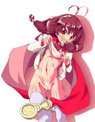 Rule 34 | 1girl, :d, ahoge, blush, breasts, brown hair, cape, cleft of venus, clothes lift, dress, dress lift, female focus, hair ornament, hairband, lifting own clothes, lilka eleniak, long hair, long sleeves, looking at viewer, low-tied long hair, navel, nipples, no bra, no panties, open clothes, open mouth, pussy, red cape, shadow, simple background, small breasts, smile, solo, standing, takumikunsan, thighhighs, twintails, uncensored, white background, white thighhighs, wild arms, wild arms 2, yellow eyes