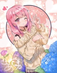 Rule 34 | 1girl, bang dream!, bare shoulders, blush, cable knit, collarbone, flower, heart, highres, long hair, looking at viewer, maruyama aya, multicolored background, off-shoulder shirt, off shoulder, one eye closed, pink hair, pocari (sq551), rose, shirt, short hair, star (symbol), sweater